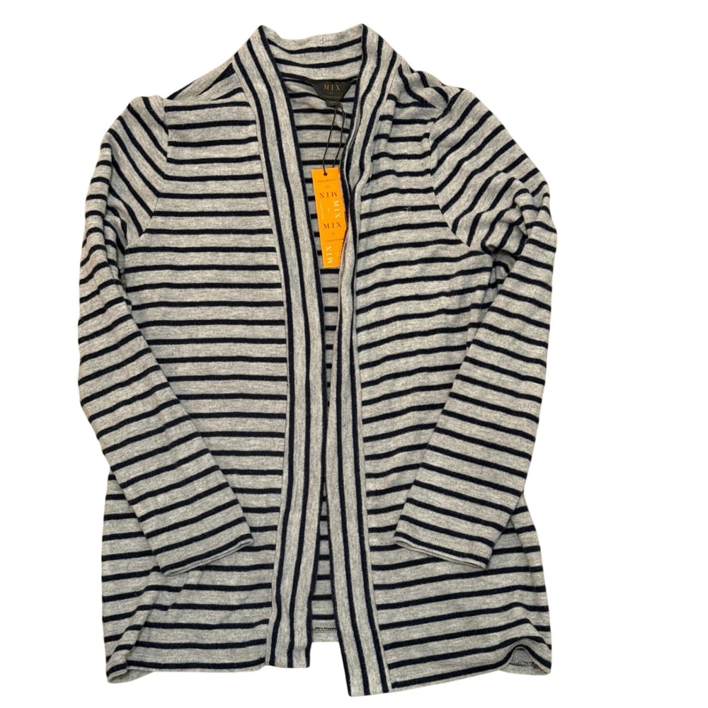 MIX by‎ 4THHAWTHORN Women's Gray Navy Striped Cardigan Sweater M